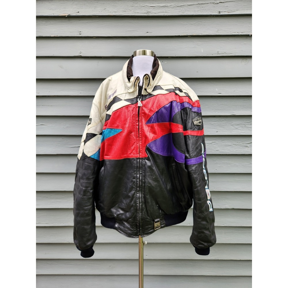 Vintage 80s Polaris Leather Racing Jacket Black White Red Purple Moto Bomber 3XL